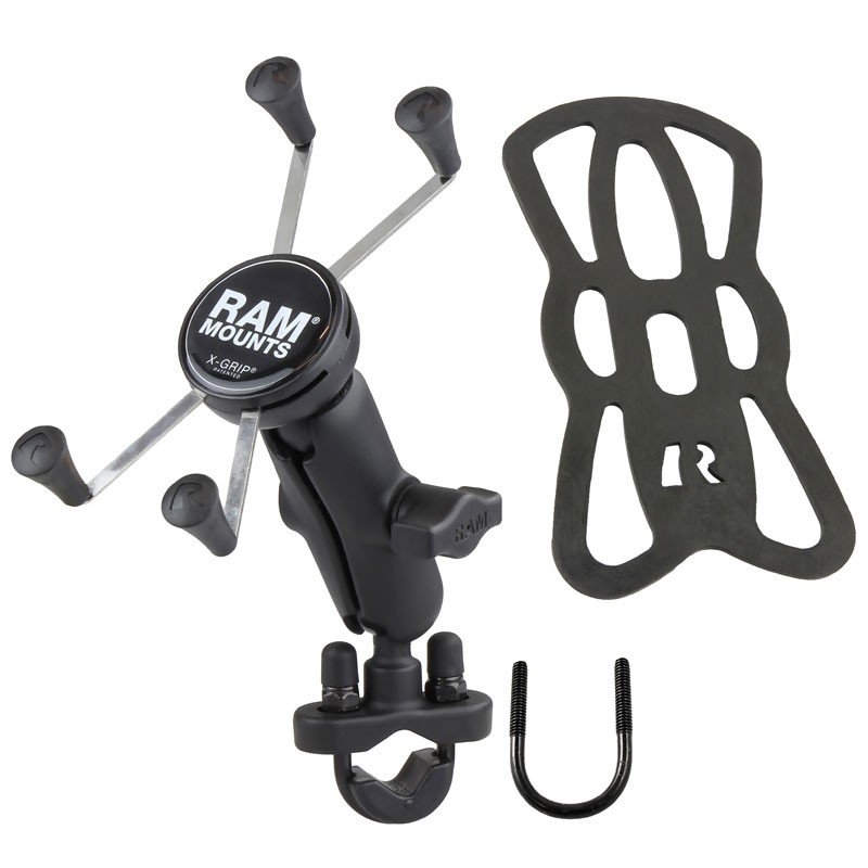 Soporte RAM de moto/bici para Smartphone de 5" y 6" con fijación en U, brazo mediano de plástico y X-Grip