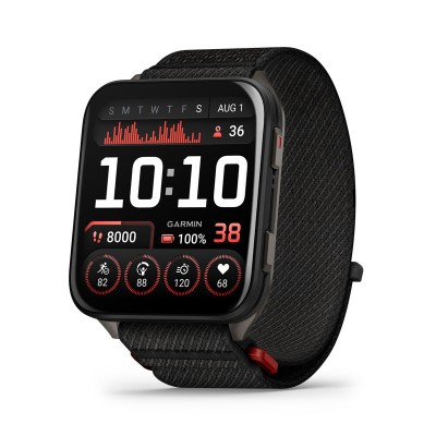 GARMIN Venu X1 Negro con caja de titanio en gris y correa de nailon ComfortFit en negro